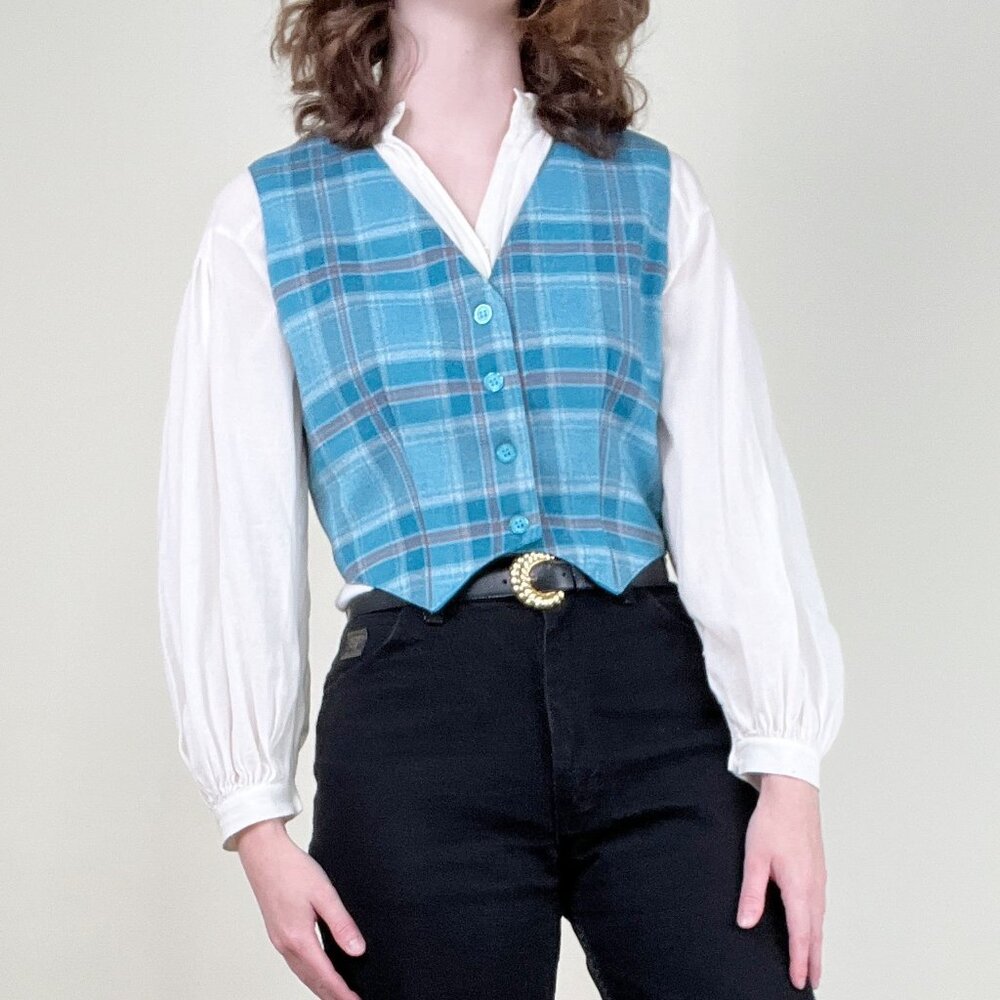 Vintage Plaid Knit Cropped Button Down Vest Top Eclectic Grandpa Quirky Preppy